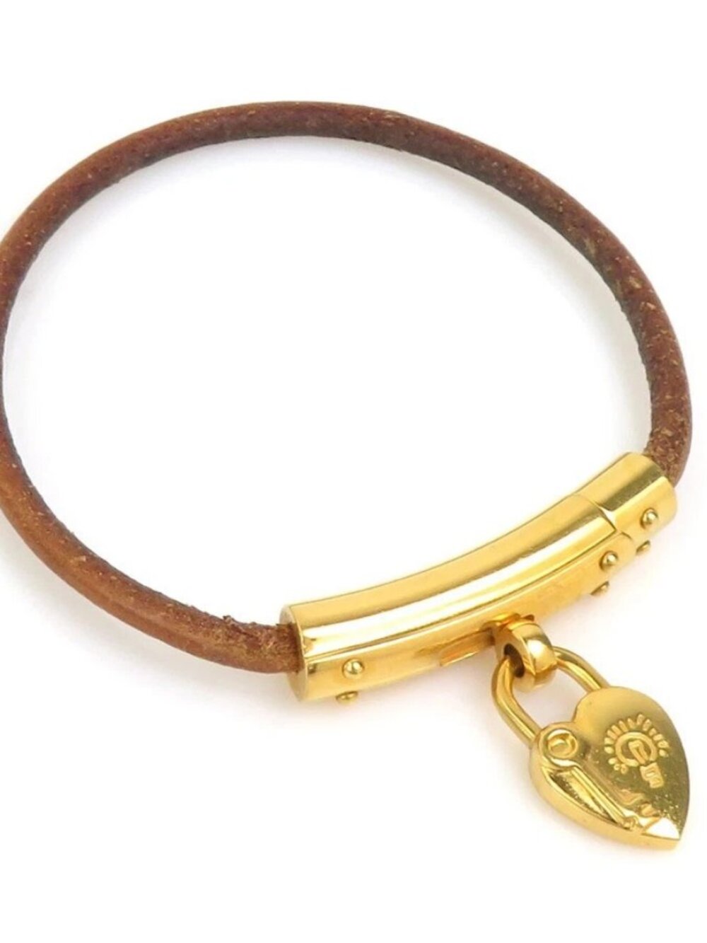 Auth HERMES Cadena Charm Bracelet Brown/Gold Leather/Metal - e62237a